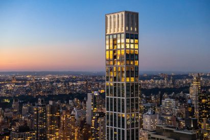 Limestone skyscraper illuminated at night