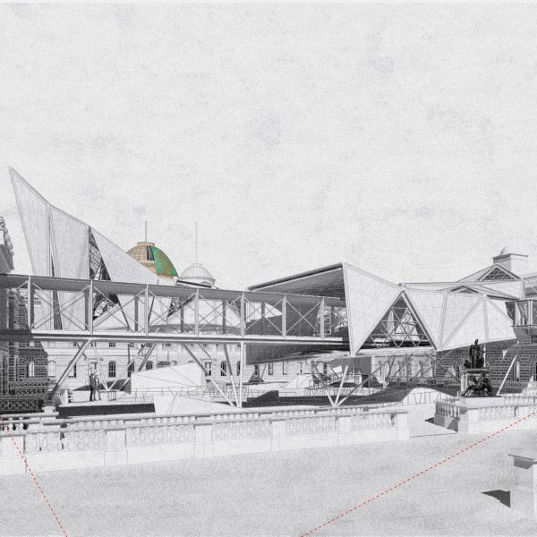Visualisation of a building in black and white.