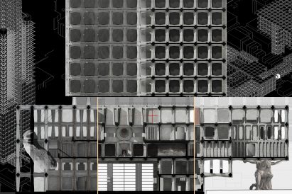 Visualisation of a building in black and white.