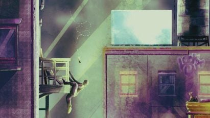 Visualisation showing a figure hanging onto a balcony