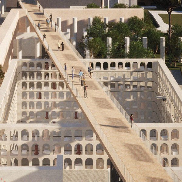 Visualisation of a building with a suspended walkway above it