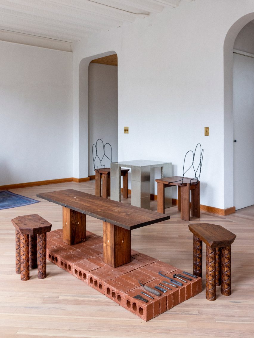 Wooden furniture on brick platform