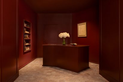 Burgundy red checkout counter