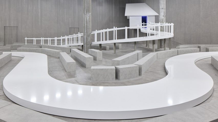 Glossy white Prada catwalk