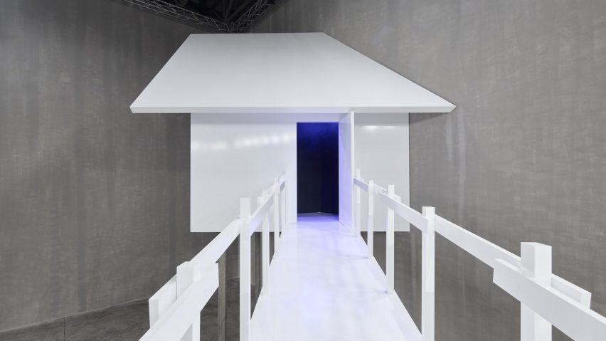 Close-up of white hut designed by AMO