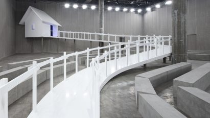 View of Prada menswear show with small hut
