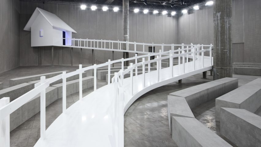 View of Prada menswear show with small hut