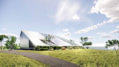 Metal clad pavilion with slanted roof