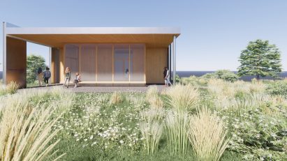 Metal and wood pavilion on wooded site