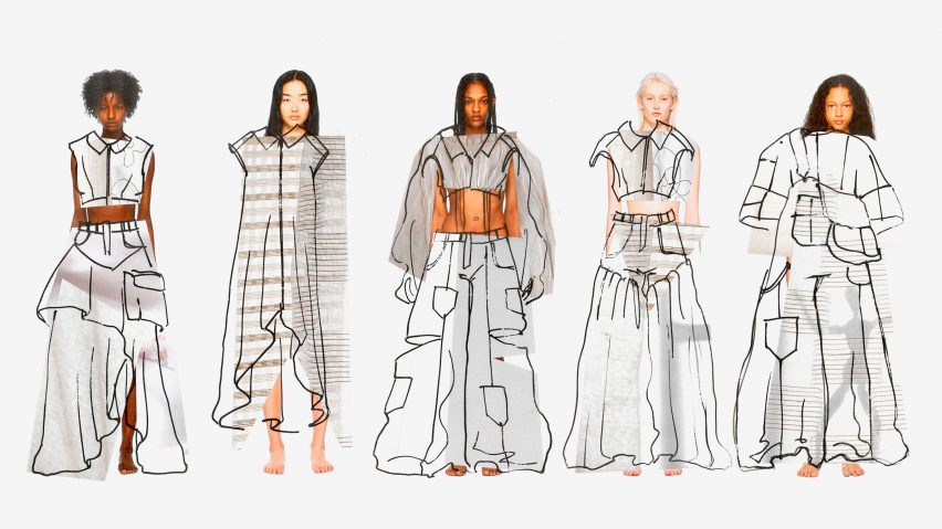An image of fashion illustrations, displaying five models with looks drawn onto them.