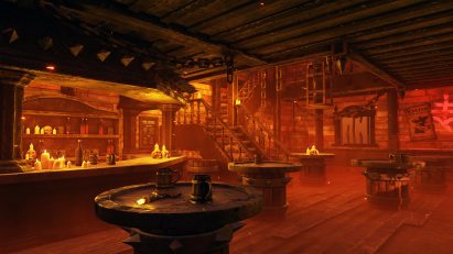 A visualisation of an interior in orange tones, with a bar, tables and a staircase in the space.