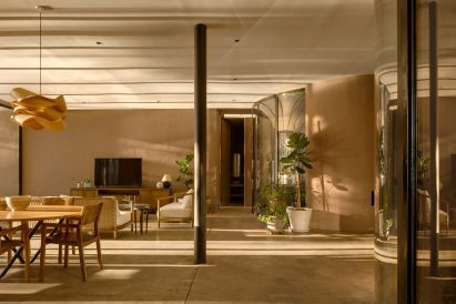 Interior featuring earth-toned decor and black steel accents