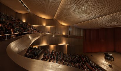 Render of wood-lined performance hall