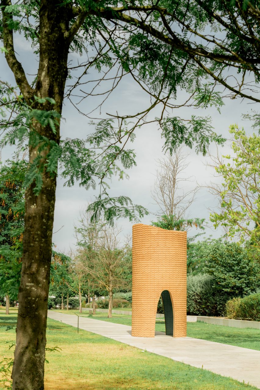 Tower made from cork tiles in Lisbon