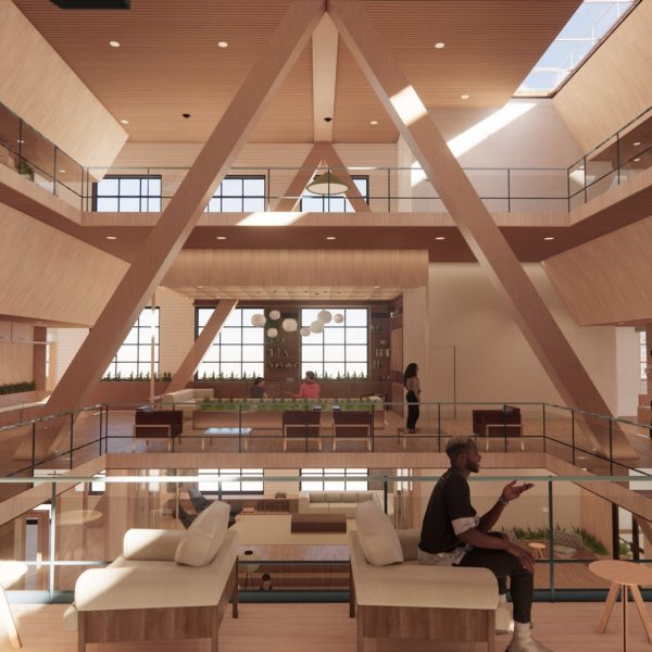 Visualisation of an interior space in brown tones with a large triangular structure in the centre, and tables, chairs and people seen throughout.