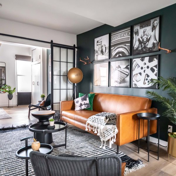 Interior design display with orange and dark green accents