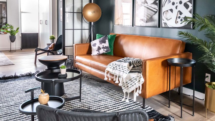 Interior design display with orange and dark green accents