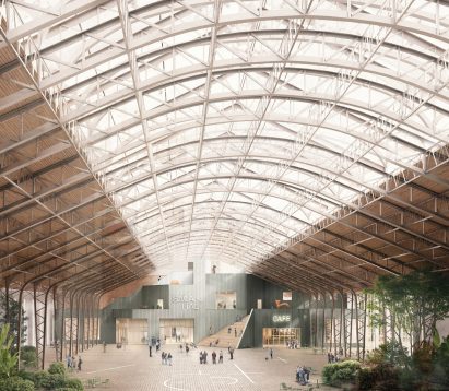 Render of forecourt at Ghent museum by David Kohn Architects