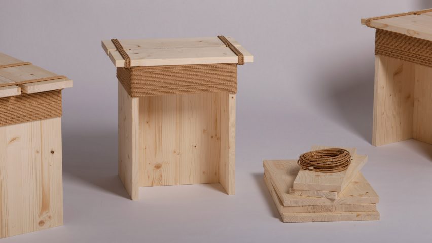 A photograph of three identical beige wooden stools against a white background, with their deconstructed parts laid out in a pile in front of them.
