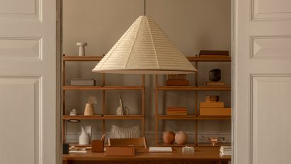 Study with desk and Karimoku pendant lamp in Enter the Salon