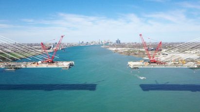 Cable-stayed bridge under construction over Detroit River