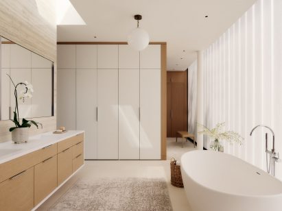 Bathroom with limestone flooring