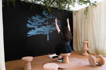 A photograph of a person sitting on a brown stool with their arms in the air, facing a large image of a blue plant against a black backdrop.