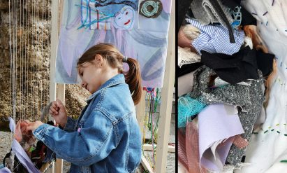 Two photographs adjacent to one another; the left displaying a child interacting with a wooden and fabric structure, the right showing a collection of fabrics in colours of red, blue, white, grey and black.