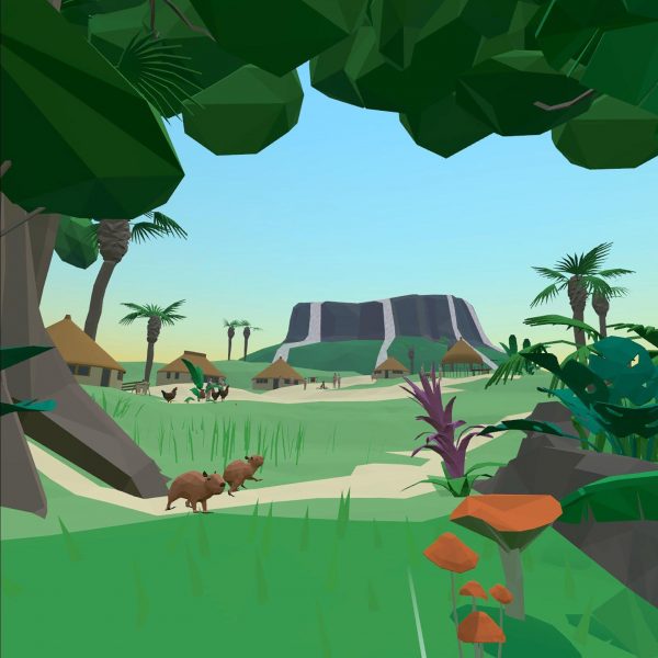 A visualisation of an outdoor area with green plants surrounding it, and animals in the space.