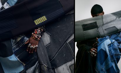 Two photographs adjacent to one another; the left showing a person's hand amongst a patchworked blue fabric, the right showing a person standing against a white backdrop draped in various blue fabrics.