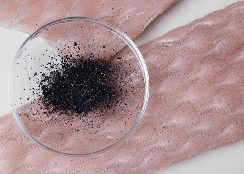 Close-up photos of capsule-like construction of the Melwear suit with a petri dish of dark-coloured pigment on top of it