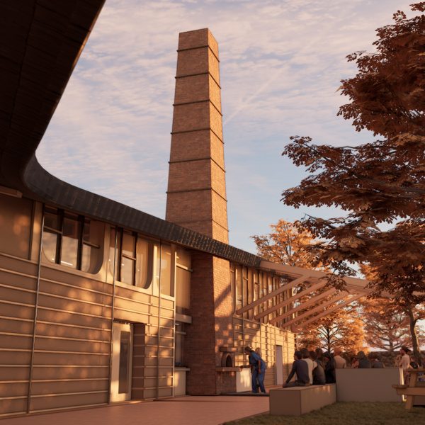 Visualisation of a brown building featuring a tall tower, against a blue sky and red and orange leafed trees.