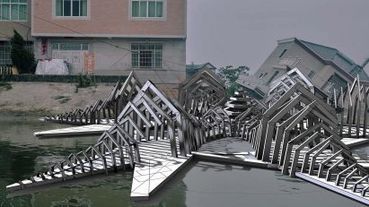 A visualisation of an architectural structure in grey tones, amongst water and buildings in dull colours.