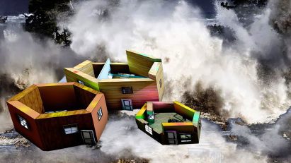 Visualisation of architectural structures in hexagonal shapes and tones of brown, pink, yellow, green, blue and orange, amongst a woodland area with white water vapour covering it.