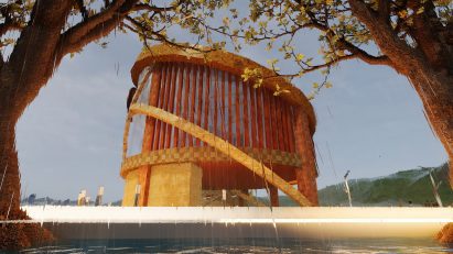 Visualisation of a building in tones of brown and orange, against a blue sky and on white ground, with two trees in front of it either side.