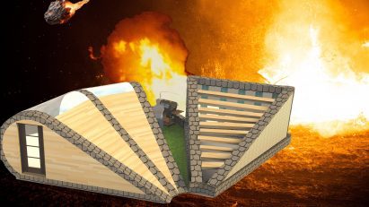 Visualisation of a beige wooden building amongst a fire.