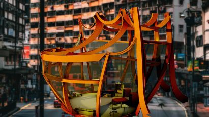 A visualisation of an architectural structure in orange and green tones.