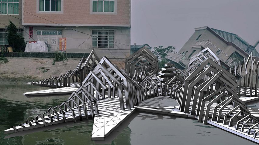 A visualisation of an architectural structure in grey tones, amongst water and buildings in dull colours.