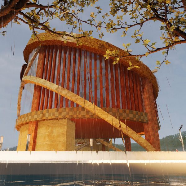 Visualisation of a building in tones of brown and orange, against a blue sky and on white ground, with two trees in front of it either side.