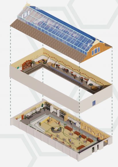 Visualisation of an architectural plan detailing three components of the building, separated and stacked, in colours of yellow, red and blue, against a white background.