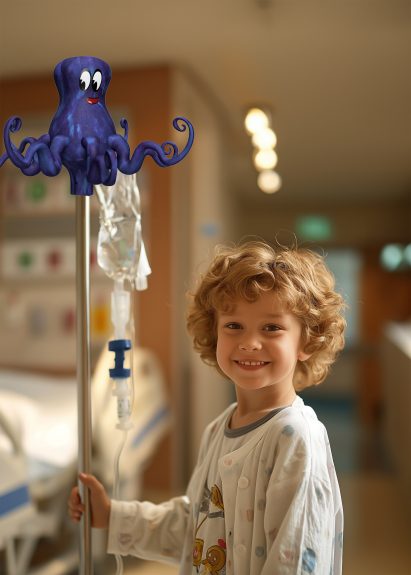 A photograph of a child in a hospital holding an intravenous pole with a blue octopus at the top of it.