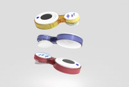Visualisation of three electronic devices in colours of yellow, blue, red and white, against a grey backdrop.