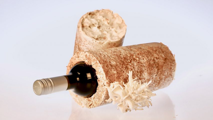 Wine bottle inside mycelium packaging