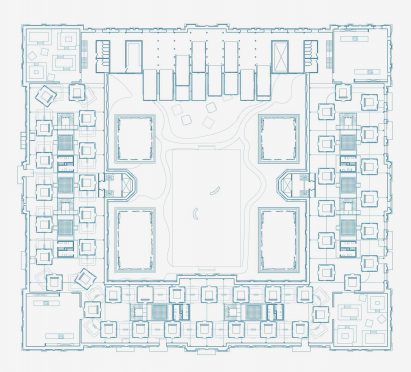 A diagram of an architectural plan in blue against a white background.