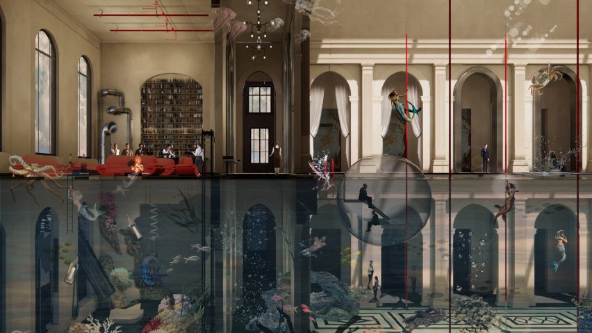 A visualisation of the interior of a space, half underwater and half not, in colours of blue, beige and red.