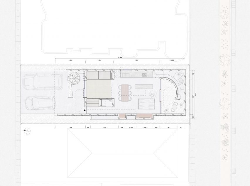 Ground floor plan of House in Nishizaki by Studio Cochi Architects