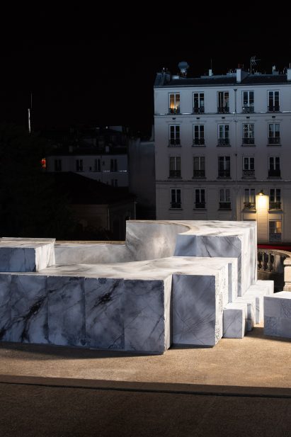 Wood-and-foam skatepark seen from the side