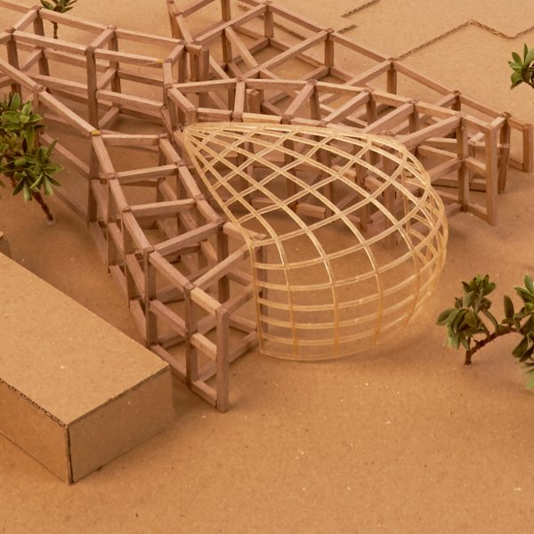 Photograph of an architectural model on a brown surface with brown and green tree models around it.