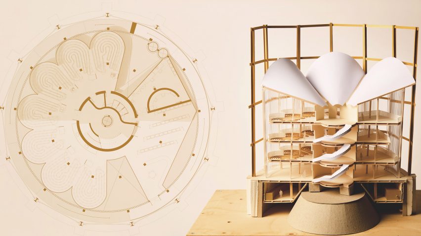 A photograph of an architectural model, with a diagram next to it, in tones of brown.