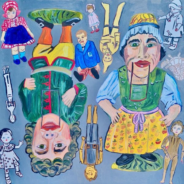 A painting of various figures in colours of blue, green, pink, orange, yellow, red and white.